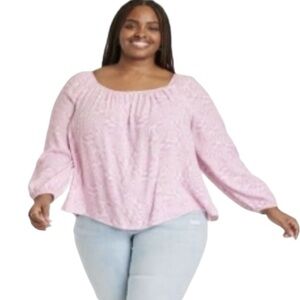 AVA & VIV Women's Plus Size Balloon Long Sleeve Blouse Pink Geometric 2X